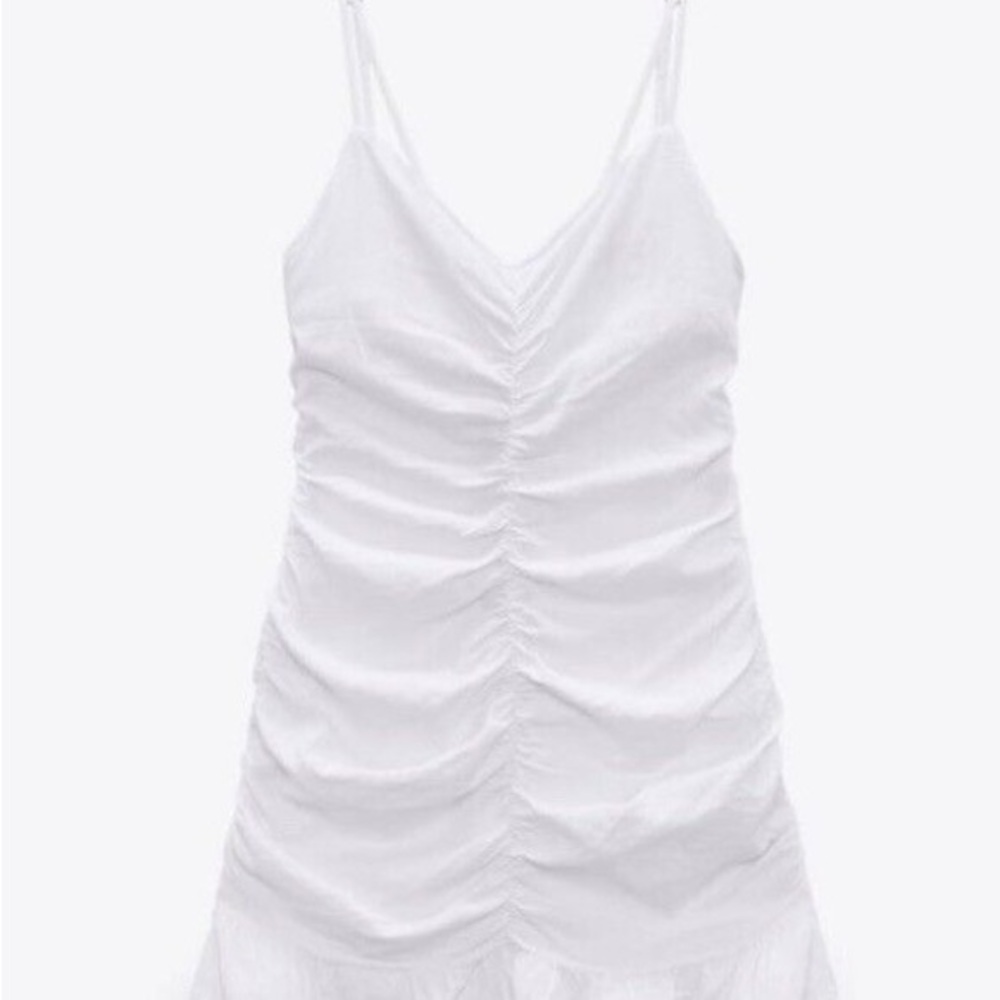 Zara White Draped Linen Blend Ruched Spaghetti Strap Fitted Mini